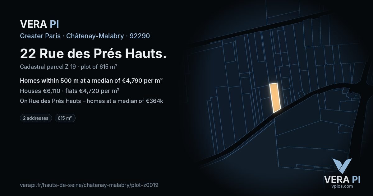 22 Rue des Prés Hauts, Châtenay-Malabry at night – the plot lit, the parcels around coloured by the prices near them
