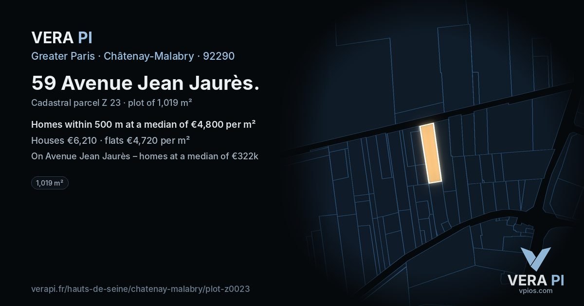 59 Avenue Jean Jaurès, Châtenay-Malabry at night – the plot lit, the parcels around coloured by the prices near them