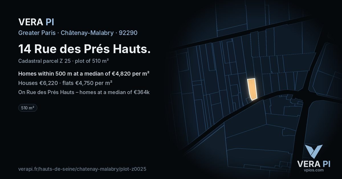 14 Rue des Prés Hauts, Châtenay-Malabry at night – the plot lit, the parcels around coloured by the prices near them