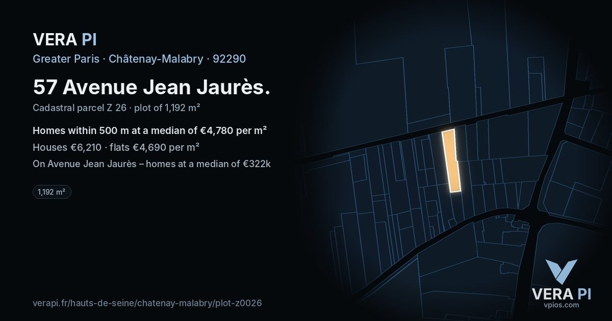57 Avenue Jean Jaurès, Châtenay-Malabry at night – the plot lit, the parcels around coloured by the prices near them