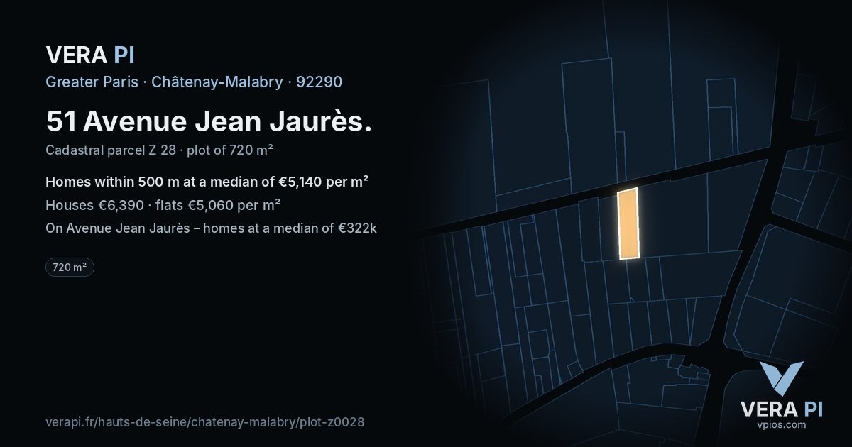 51 Avenue Jean Jaurès, Châtenay-Malabry at night – the plot lit, the parcels around coloured by the prices near them