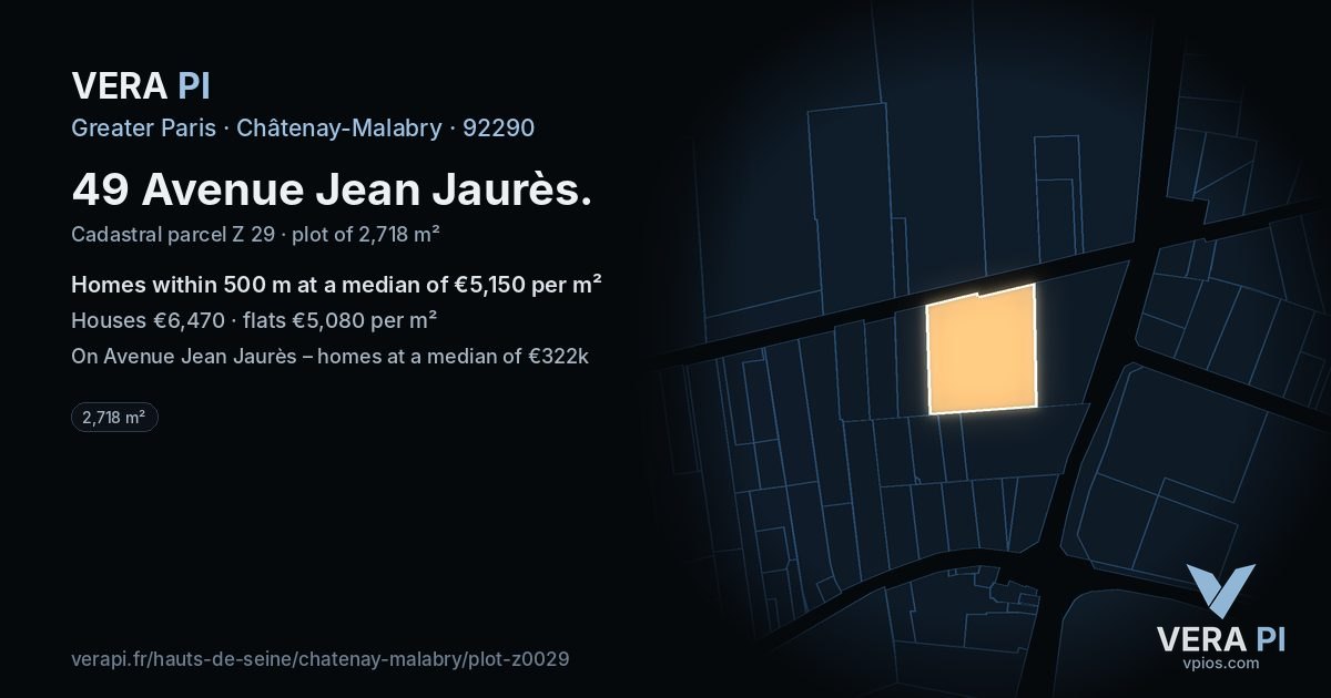 49 Avenue Jean Jaurès, Châtenay-Malabry at night – the plot lit, the parcels around coloured by the prices near them