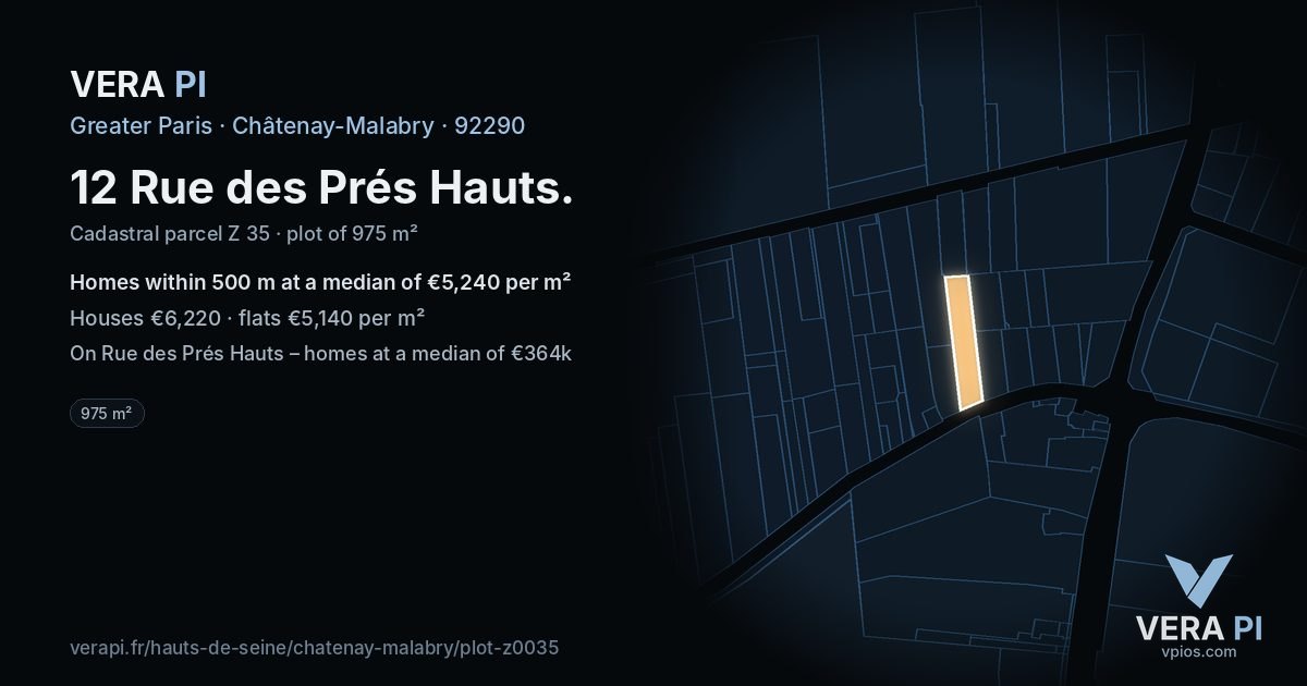 12 Rue des Prés Hauts, Châtenay-Malabry at night – the plot lit, the parcels around coloured by the prices near them