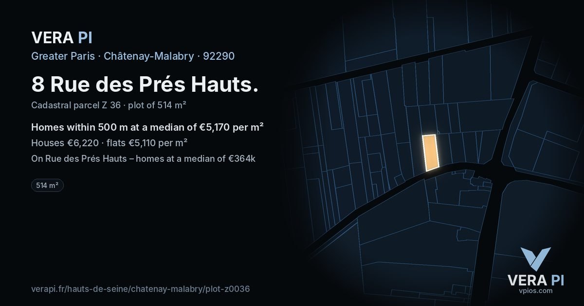 8 Rue des Prés Hauts, Châtenay-Malabry at night – the plot lit, the parcels around coloured by the prices near them