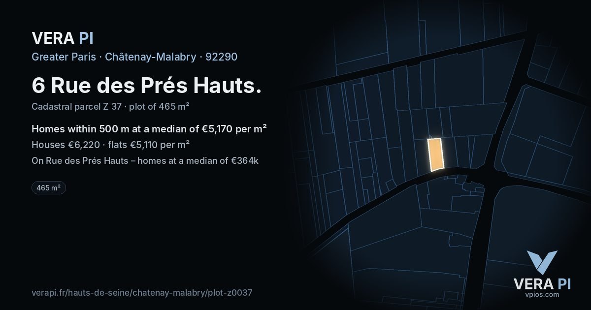 6 Rue des Prés Hauts, Châtenay-Malabry at night – the plot lit, the parcels around coloured by the prices near them
