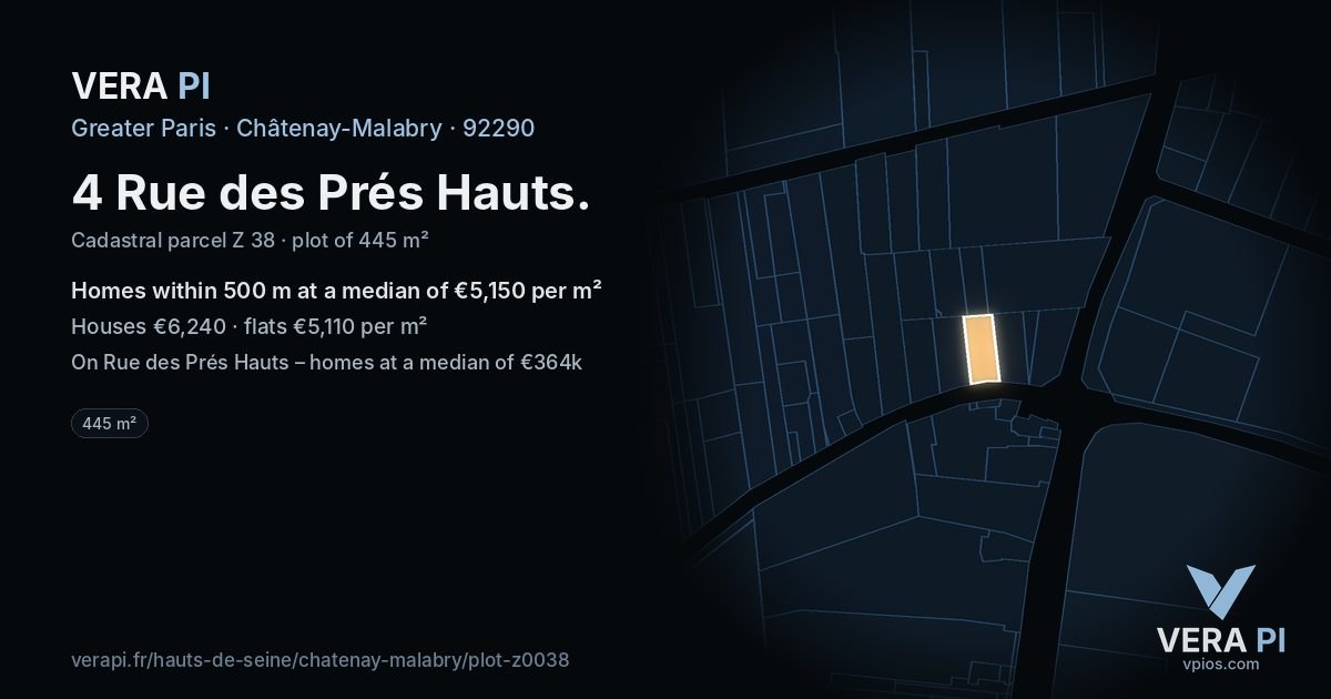 4 Rue des Prés Hauts, Châtenay-Malabry at night – the plot lit, the parcels around coloured by the prices near them