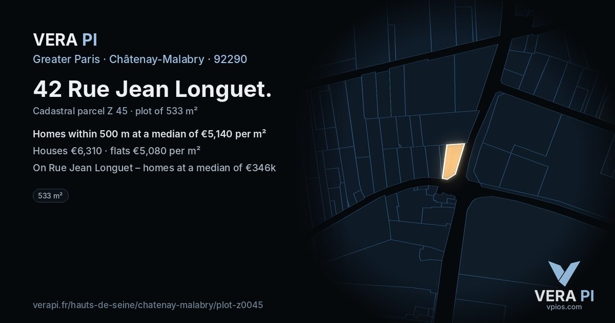42 Rue Jean Longuet, Châtenay-Malabry at night – the plot lit, the parcels around coloured by the prices near them