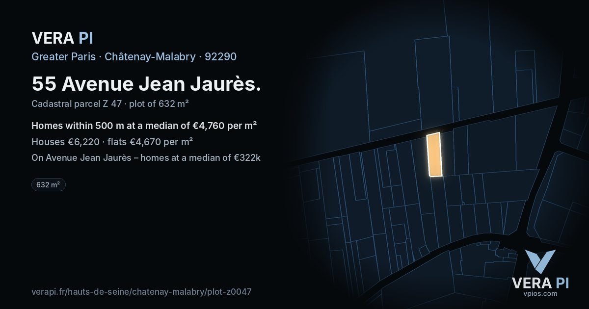 55 Avenue Jean Jaurès, Châtenay-Malabry at night – the plot lit, the parcels around coloured by the prices near them