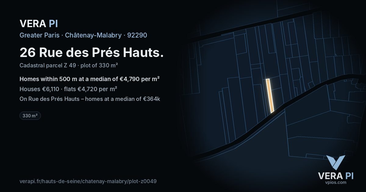 26 Rue des Prés Hauts, Châtenay-Malabry at night – the plot lit, the parcels around coloured by the prices near them