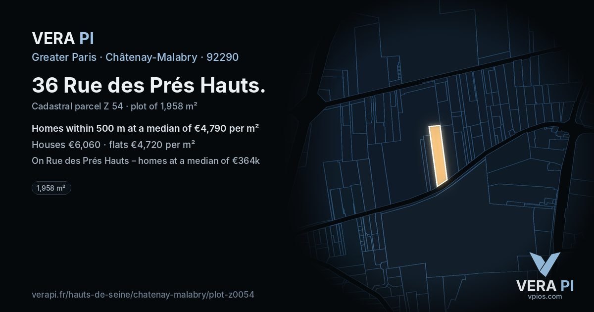 36 Rue des Prés Hauts, Châtenay-Malabry at night – the plot lit, the parcels around coloured by the prices near them