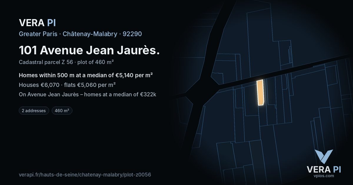 101 Avenue Jean Jaurès, Châtenay-Malabry at night – the plot lit, the parcels around coloured by the prices near them
