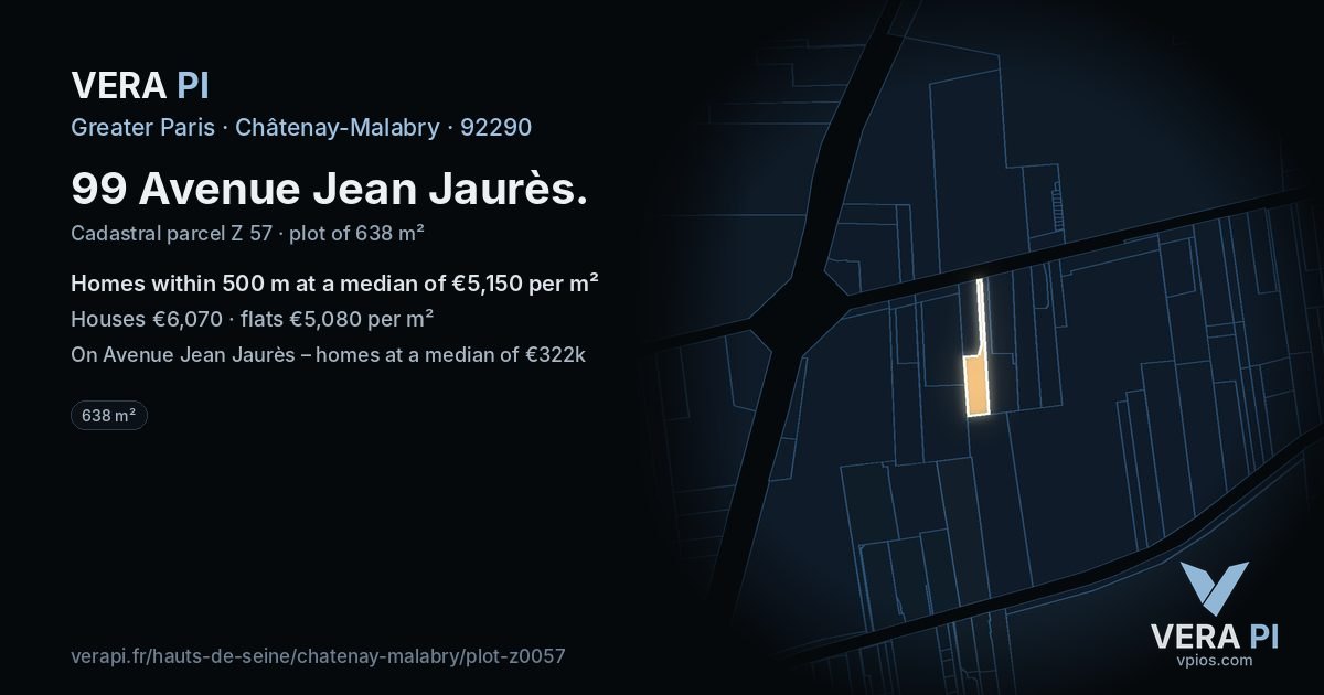 99 Avenue Jean Jaurès, Châtenay-Malabry at night – the plot lit, the parcels around coloured by the prices near them