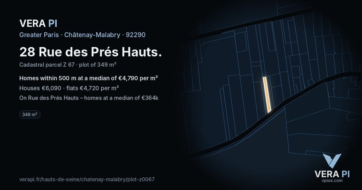 28 Rue des Prés Hauts, Châtenay-Malabry at night – the plot lit, the parcels around coloured by the prices near them
