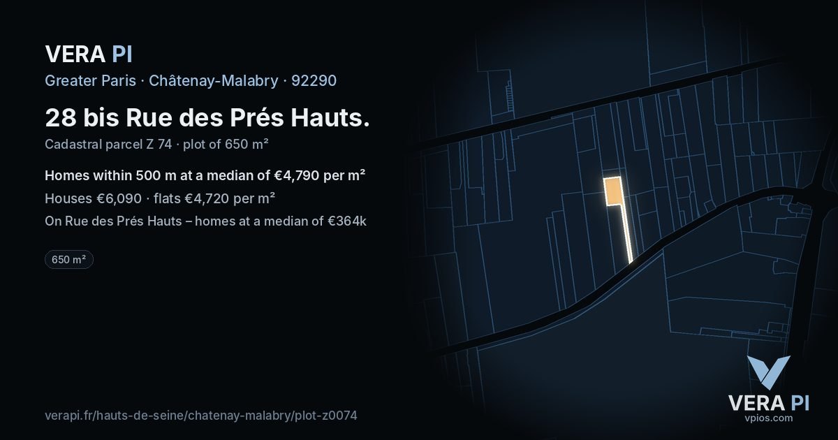28 bis Rue des Prés Hauts, Châtenay-Malabry at night – the plot lit, the parcels around coloured by the prices near them