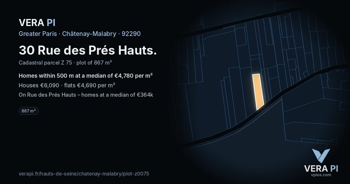 30 Rue des Prés Hauts, Châtenay-Malabry at night – the plot lit, the parcels around coloured by the prices near them