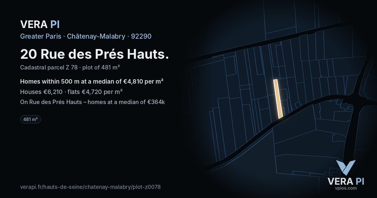 20 Rue des Prés Hauts, Châtenay-Malabry at night – the plot lit, the parcels around coloured by the prices near them