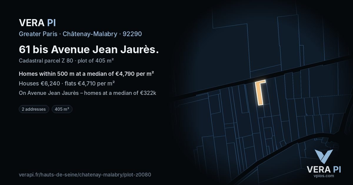 61 bis Avenue Jean Jaurès, Châtenay-Malabry at night – the plot lit, the parcels around coloured by the prices near them