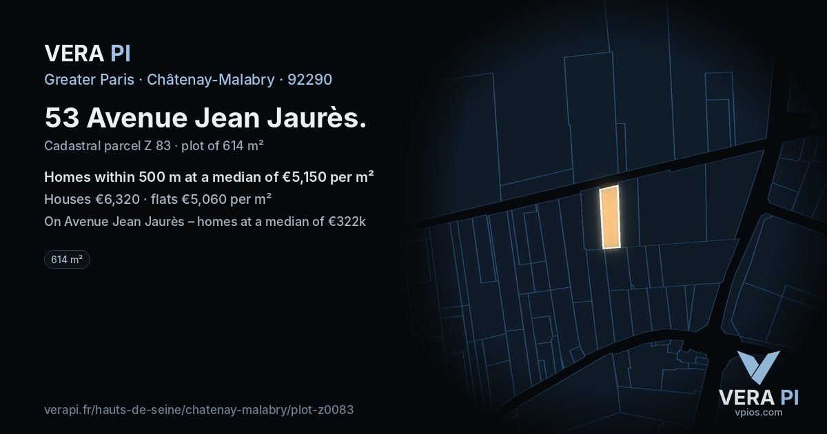 53 Avenue Jean Jaurès, Châtenay-Malabry at night – the plot lit, the parcels around coloured by the prices near them