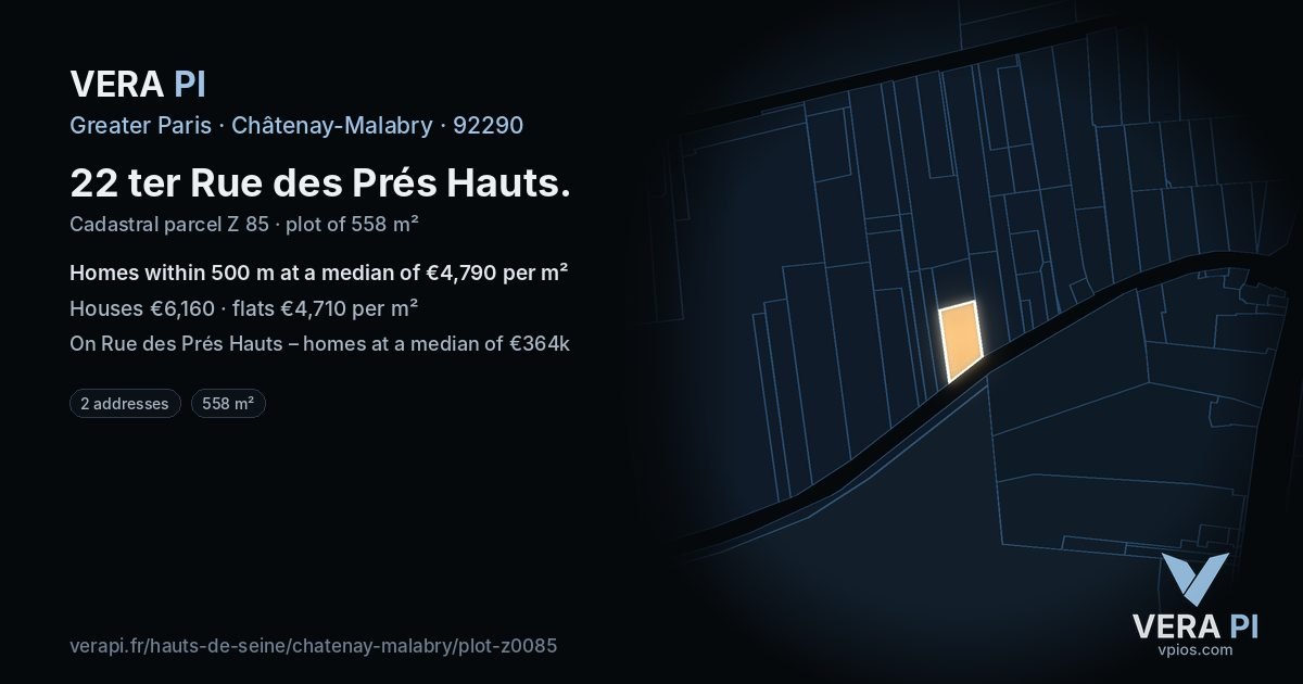 22 ter Rue des Prés Hauts, Châtenay-Malabry at night – the plot lit, the parcels around coloured by the prices near them