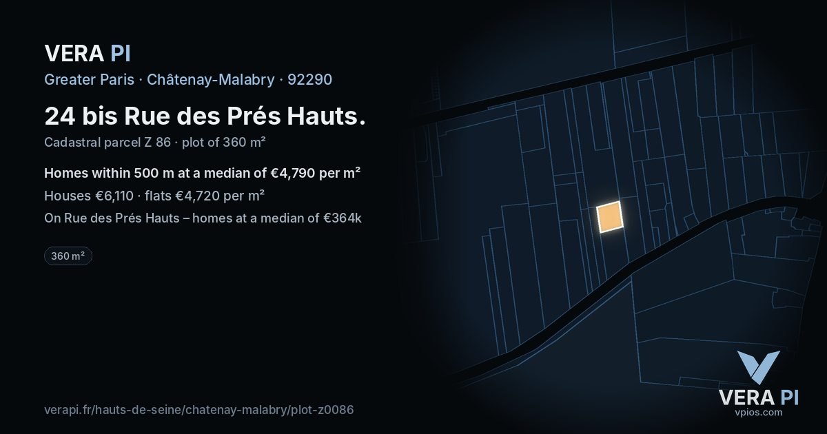 24 bis Rue des Prés Hauts, Châtenay-Malabry at night – the plot lit, the parcels around coloured by the prices near them