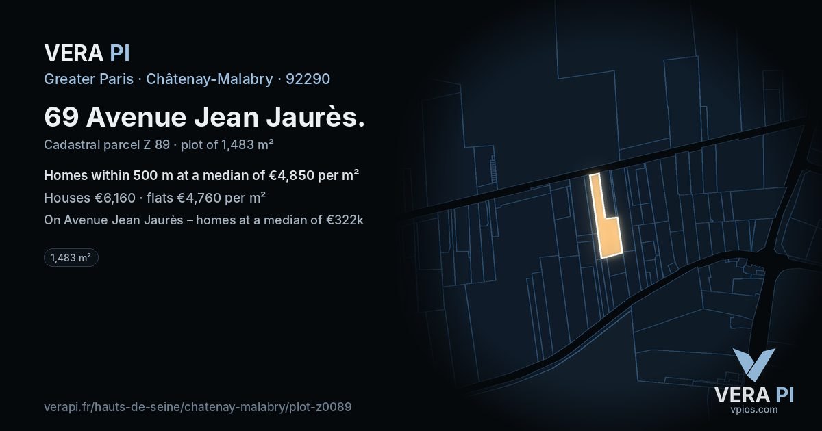 69 Avenue Jean Jaurès, Châtenay-Malabry at night – the plot lit, the parcels around coloured by the prices near them