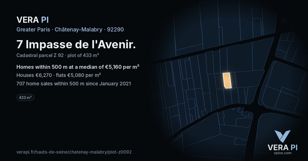 7 Impasse de l'Avenir, Châtenay-Malabry at night – the plot lit, the parcels around coloured by the prices near them