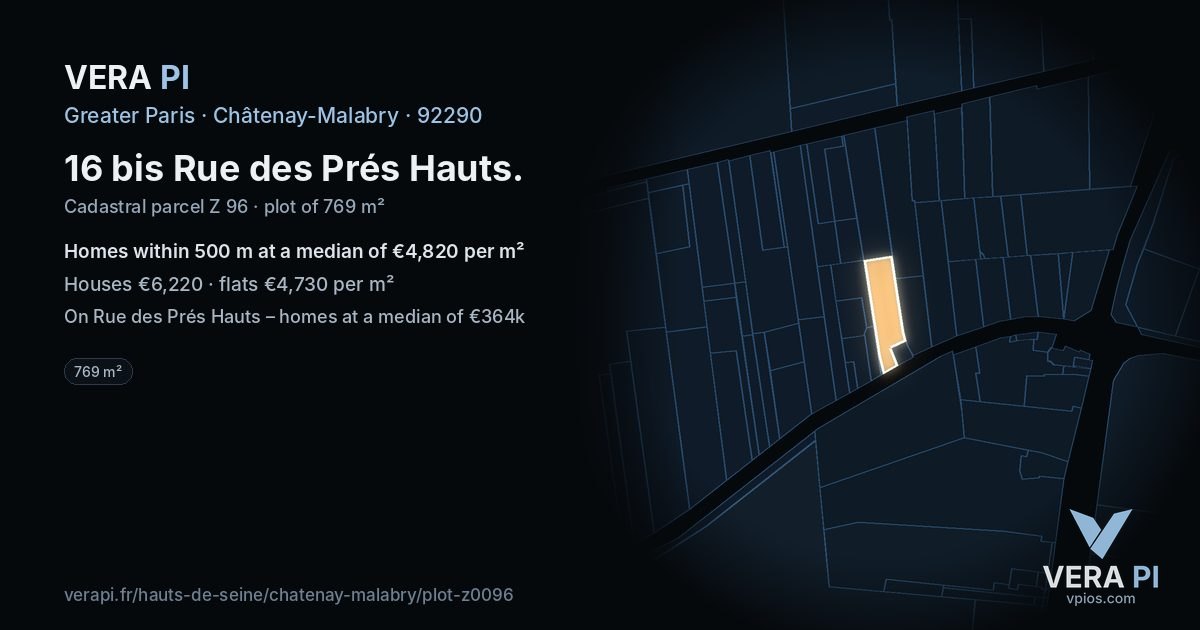 16 bis Rue des Prés Hauts, Châtenay-Malabry at night – the plot lit, the parcels around coloured by the prices near them
