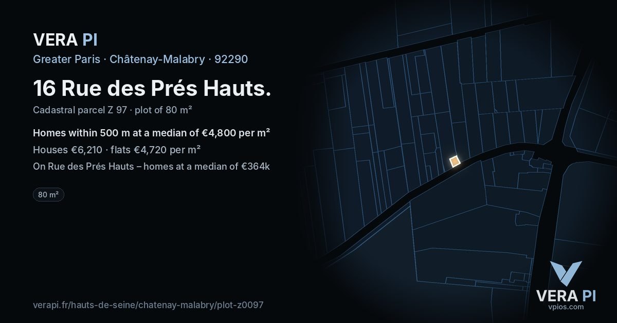 16 Rue des Prés Hauts, Châtenay-Malabry at night – the plot lit, the parcels around coloured by the prices near them
