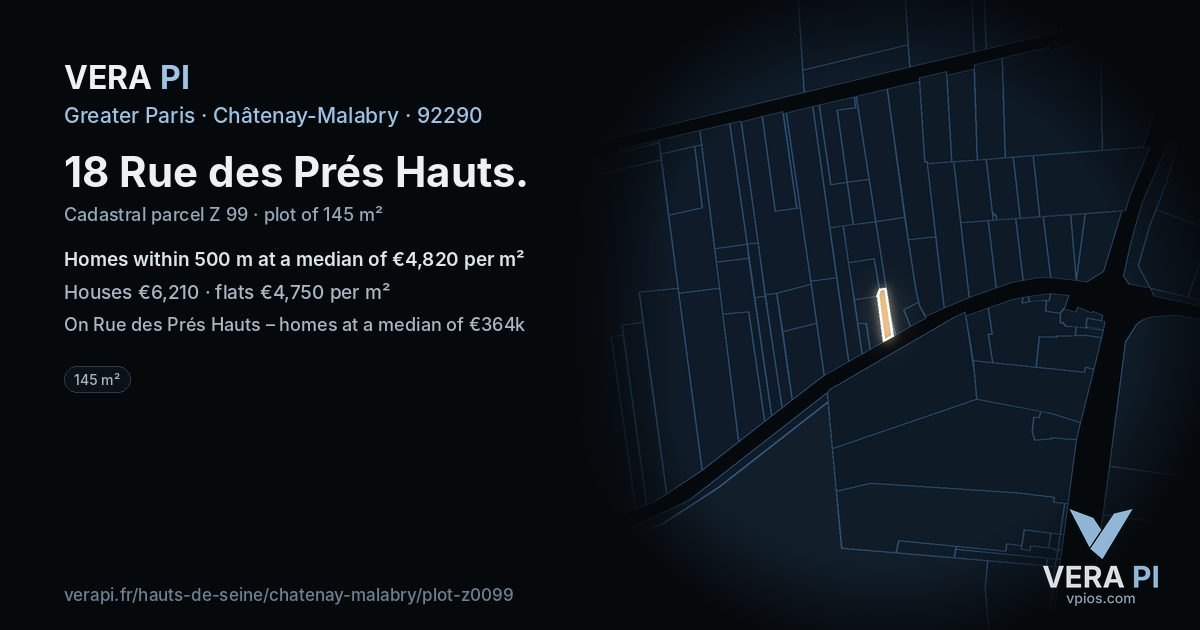 18 Rue des Prés Hauts, Châtenay-Malabry at night – the plot lit, the parcels around coloured by the prices near them