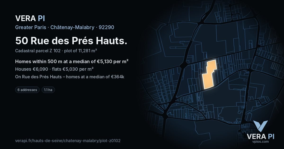 50 Rue des Prés Hauts, Châtenay-Malabry at night – the plot lit, the parcels around coloured by the prices near them