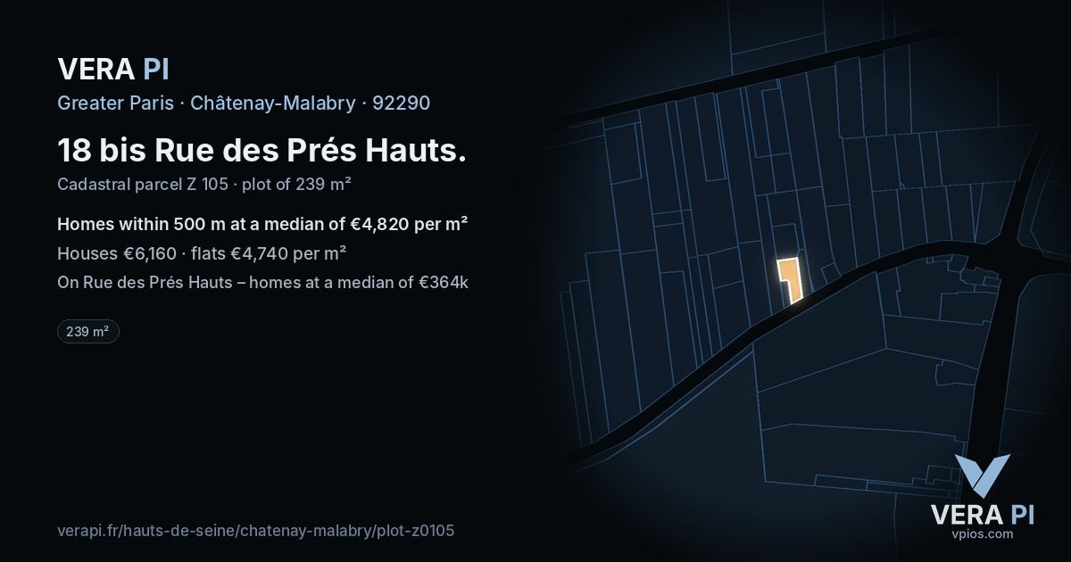 18 bis Rue des Prés Hauts, Châtenay-Malabry at night – the plot lit, the parcels around coloured by the prices near them