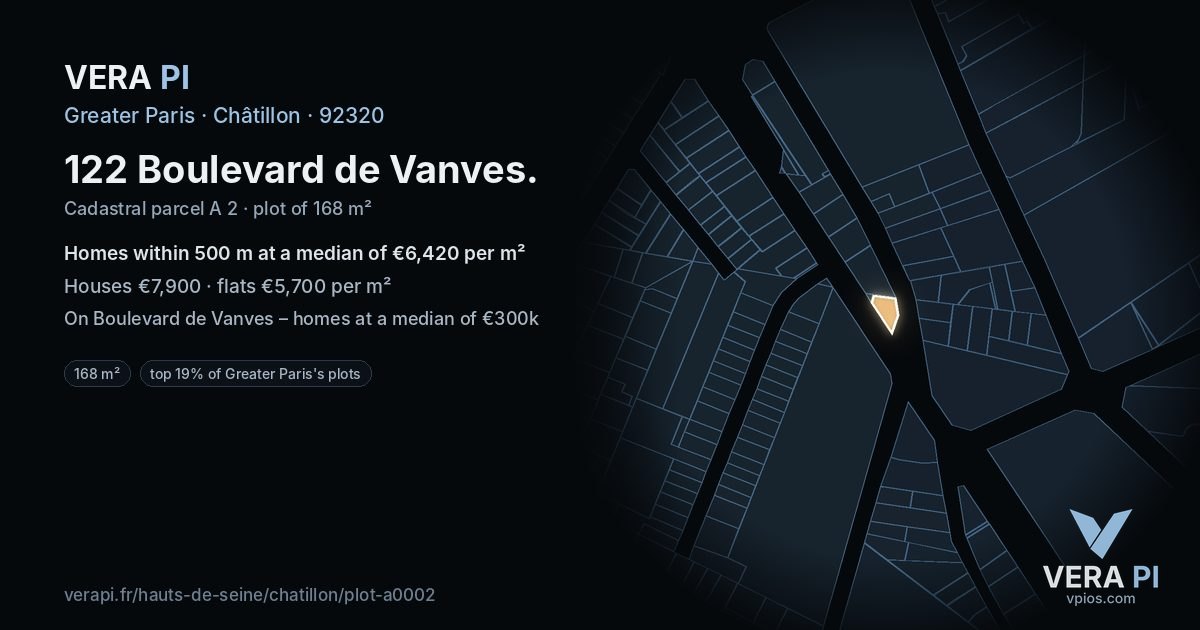 122 Boulevard de Vanves, Châtillon at night – the plot lit, the parcels around coloured by the prices near them