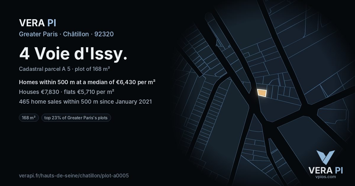 4 Voie d'Issy, Châtillon at night – the plot lit, the parcels around coloured by the prices near them
