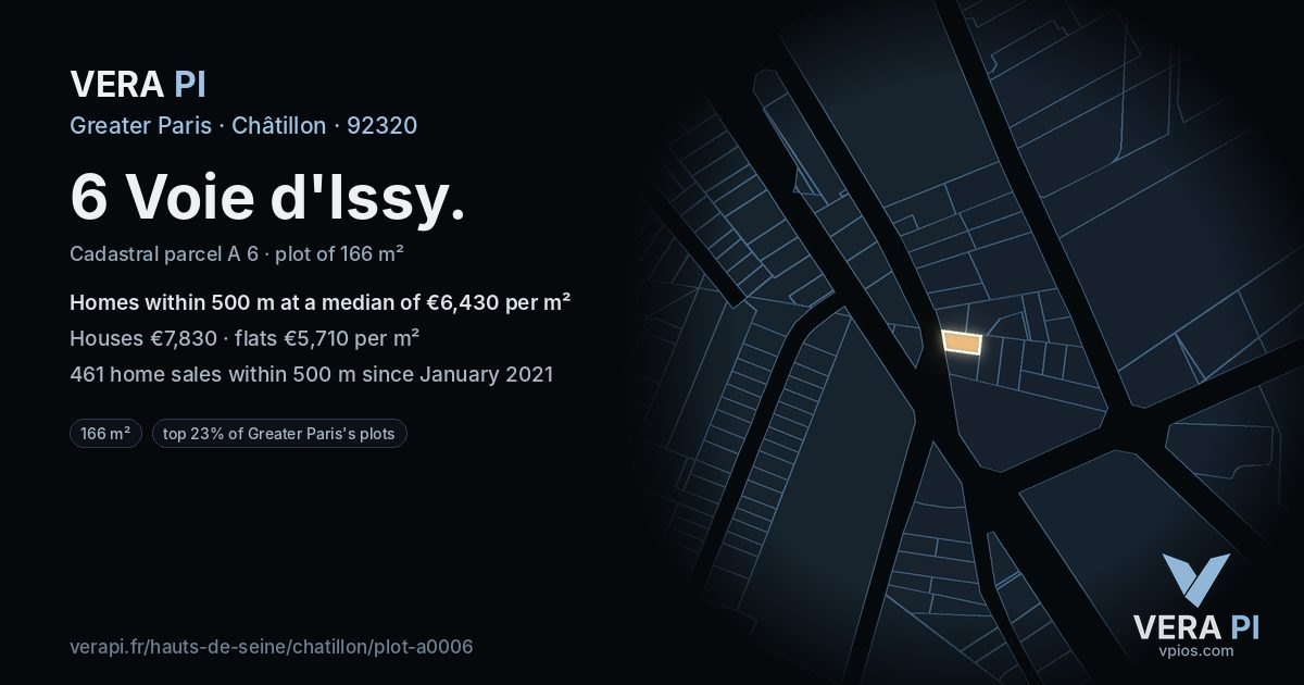 6 Voie d'Issy, Châtillon at night – the plot lit, the parcels around coloured by the prices near them