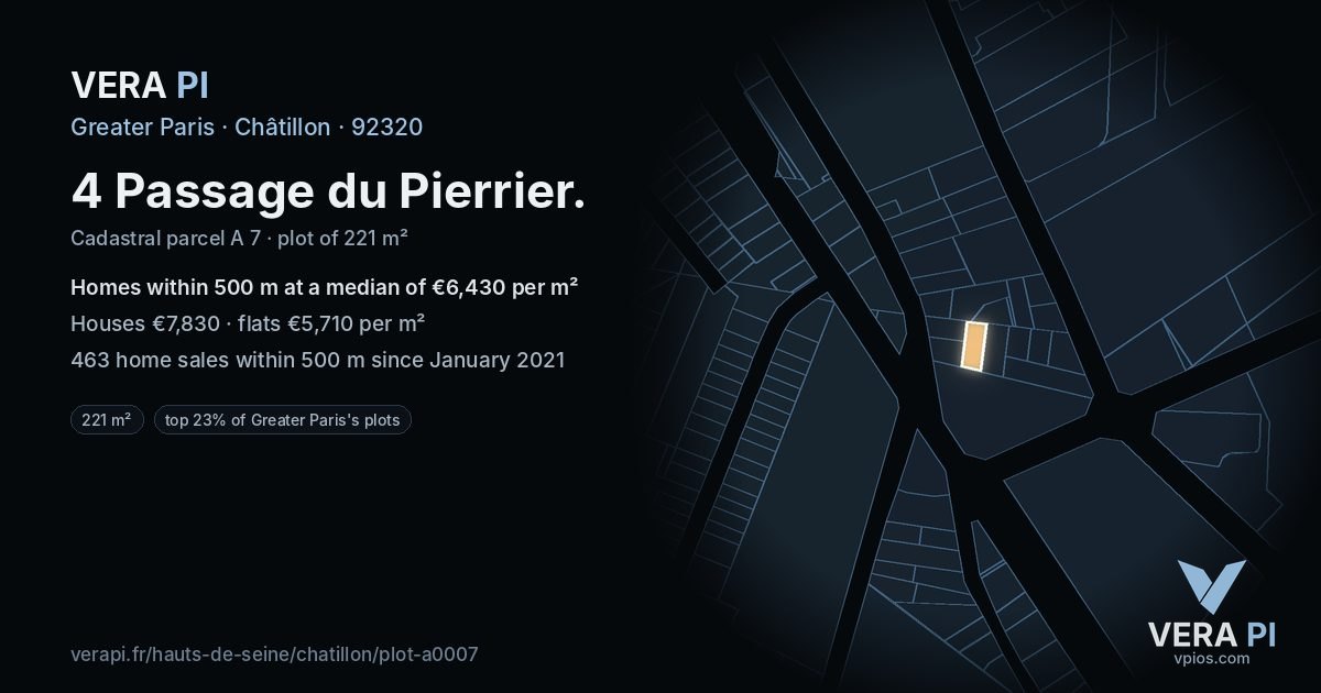 4 Passage du Pierrier, Châtillon at night – the plot lit, the parcels around coloured by the prices near them