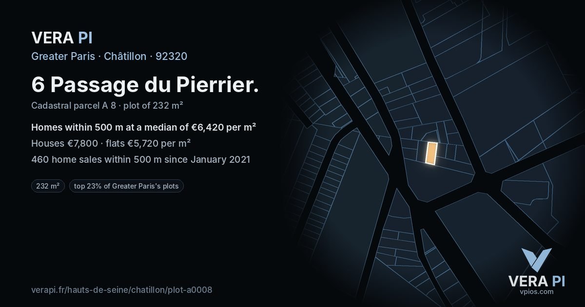 6 Passage du Pierrier, Châtillon at night – the plot lit, the parcels around coloured by the prices near them