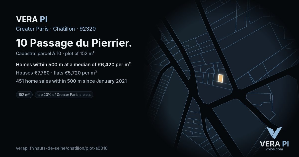 10 Passage du Pierrier, Châtillon at night – the plot lit, the parcels around coloured by the prices near them