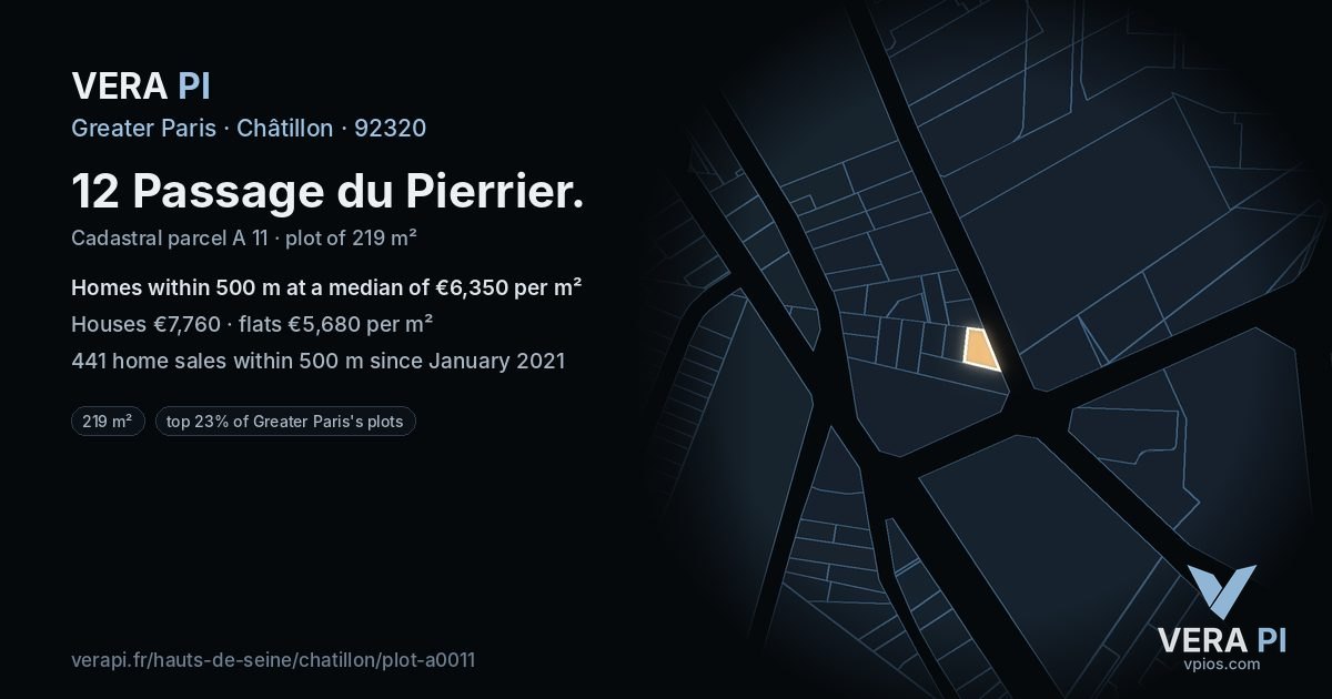 12 Passage du Pierrier, Châtillon at night – the plot lit, the parcels around coloured by the prices near them