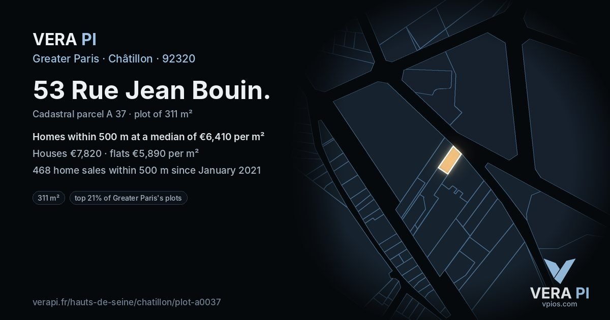 53 Rue Jean Bouin, Châtillon at night – the plot lit, the parcels around coloured by the prices near them