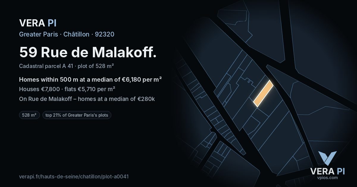 59 Rue de Malakoff, Châtillon at night – the plot lit, the parcels around coloured by the prices near them