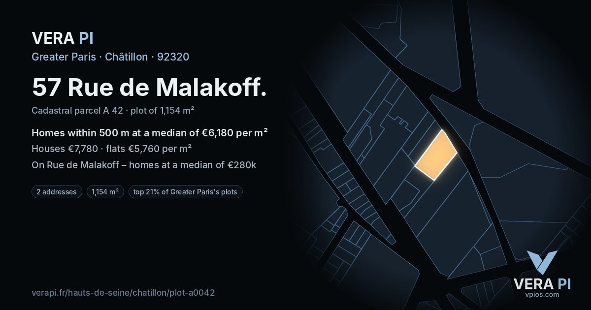 57 Rue de Malakoff, Châtillon at night – the plot lit, the parcels around coloured by the prices near them