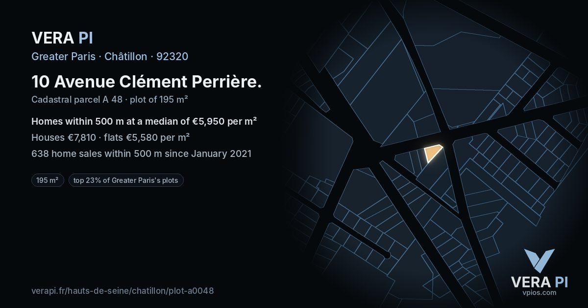 10 Avenue Clément Perrière, Châtillon at night – the plot lit, the parcels around coloured by the prices near them