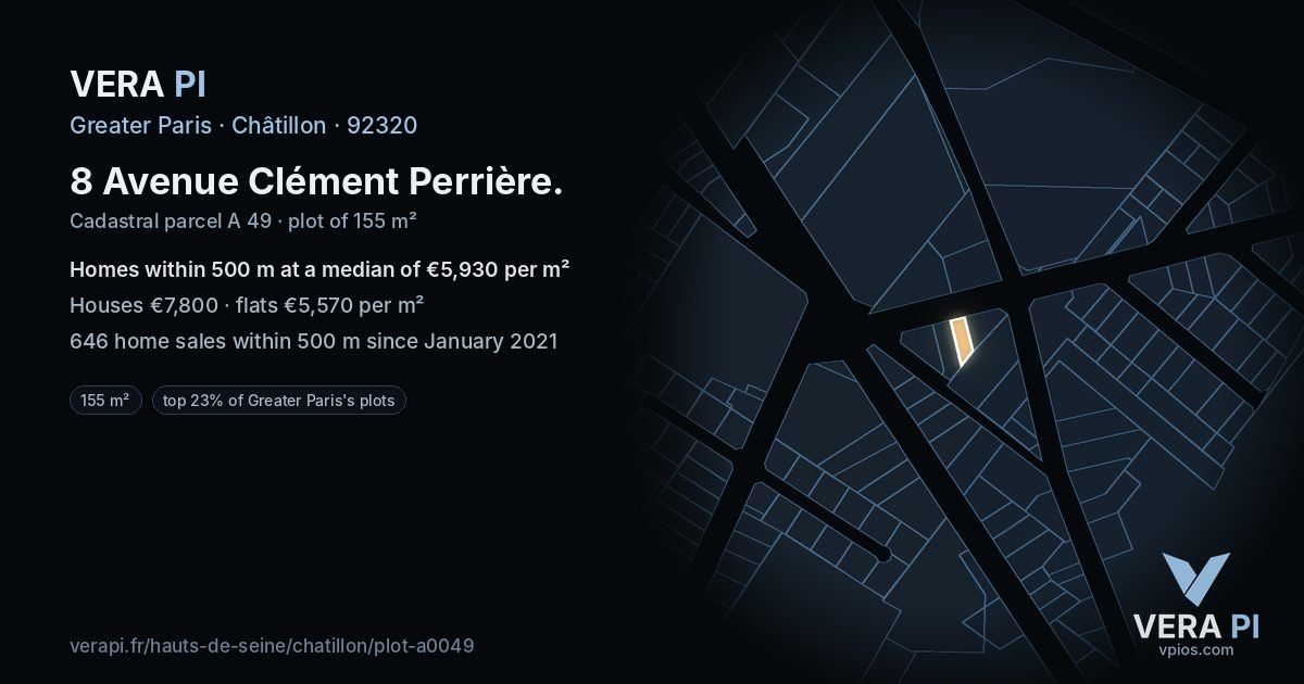 8 Avenue Clément Perrière, Châtillon at night – the plot lit, the parcels around coloured by the prices near them