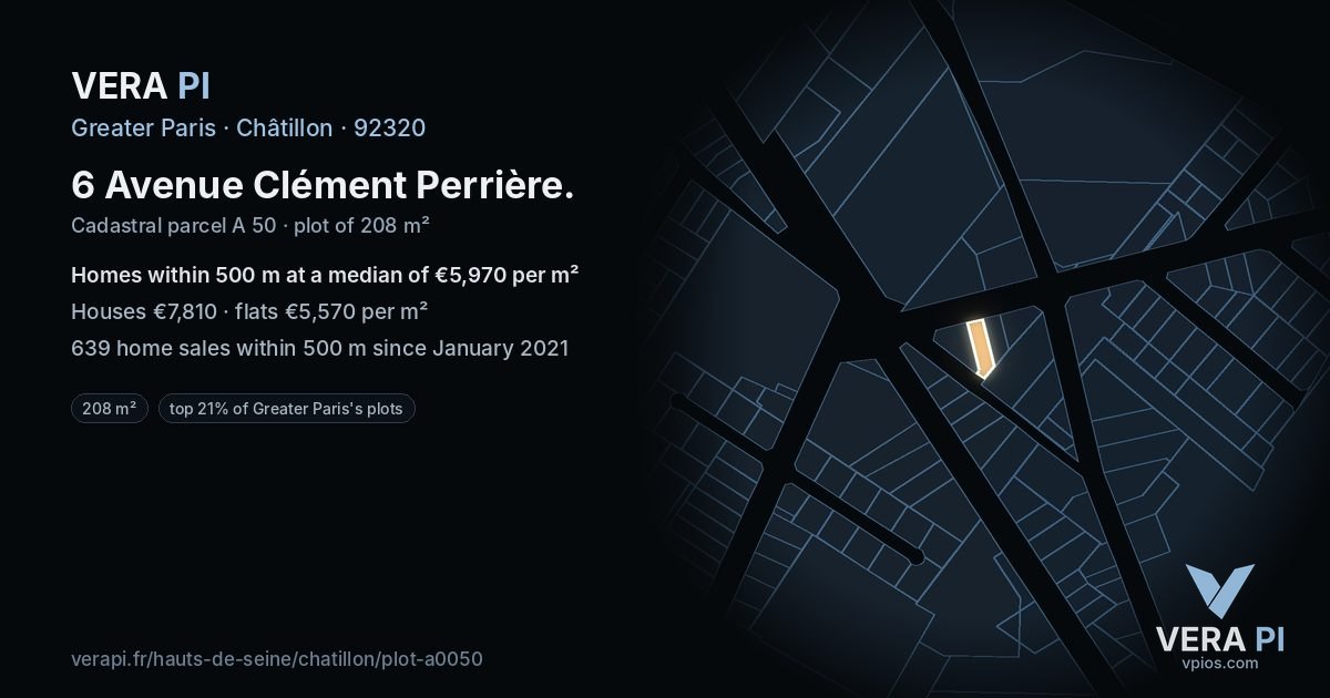 6 Avenue Clément Perrière, Châtillon at night – the plot lit, the parcels around coloured by the prices near them