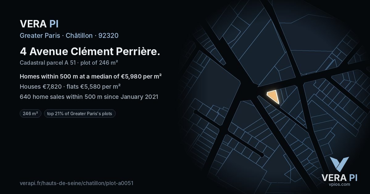 4 Avenue Clément Perrière, Châtillon at night – the plot lit, the parcels around coloured by the prices near them