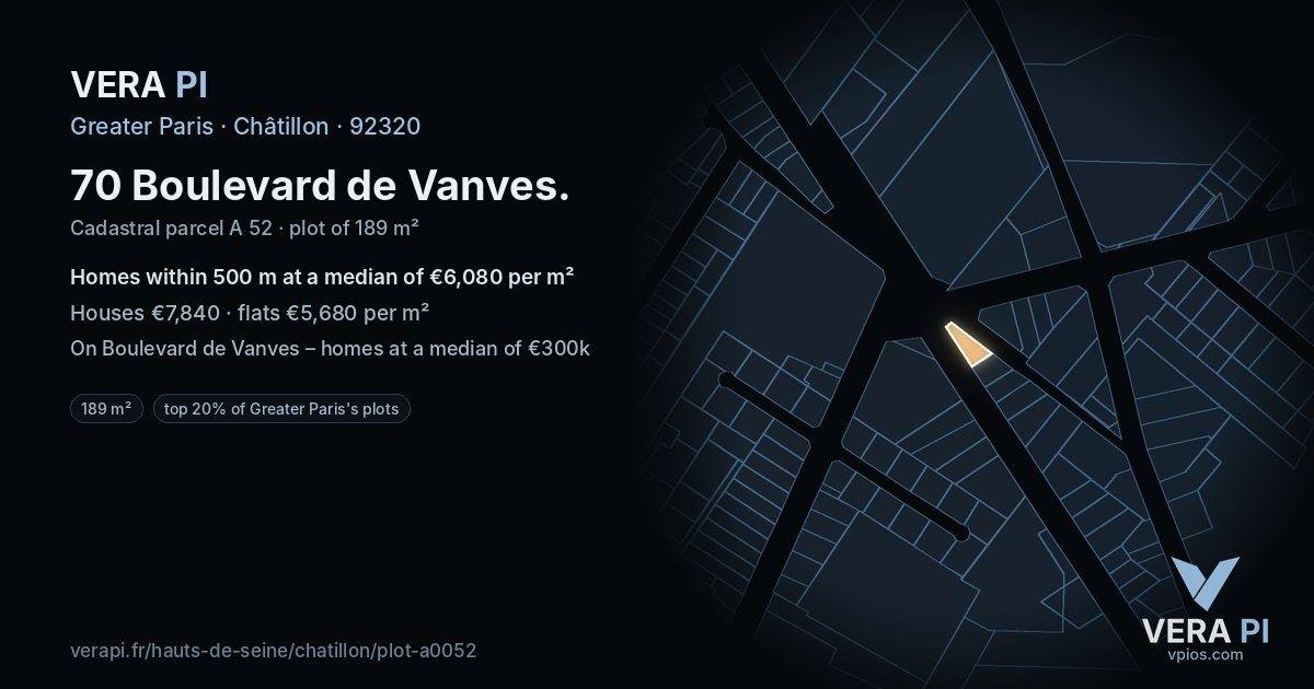 70 Boulevard de Vanves, Châtillon at night – the plot lit, the parcels around coloured by the prices near them
