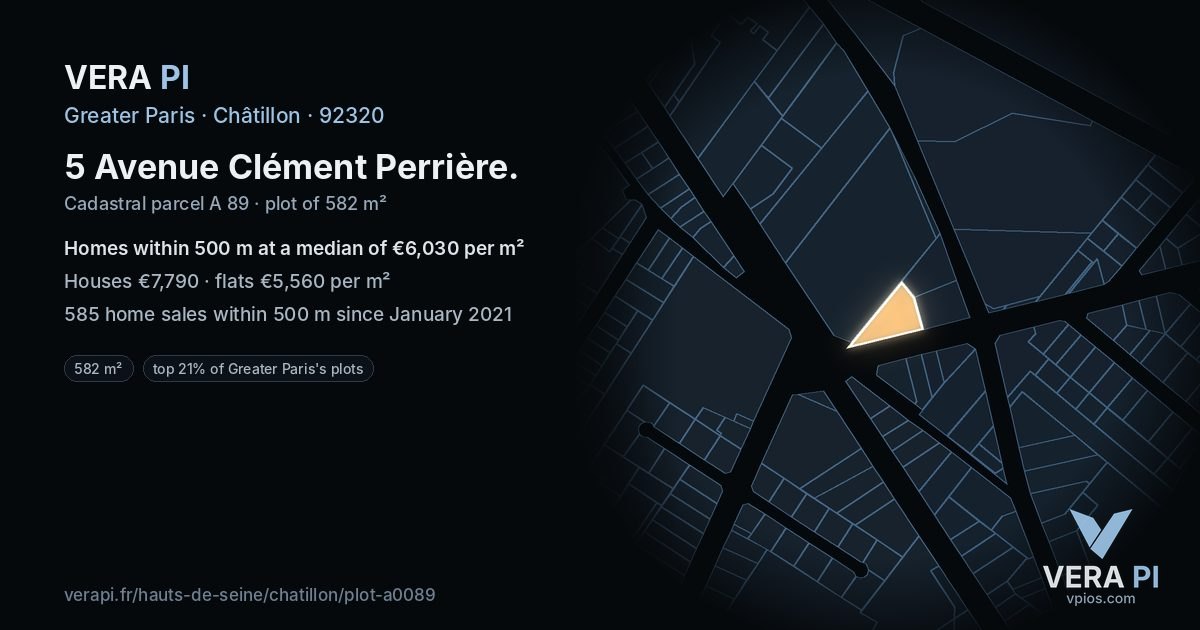 5 Avenue Clément Perrière, Châtillon at night – the plot lit, the parcels around coloured by the prices near them