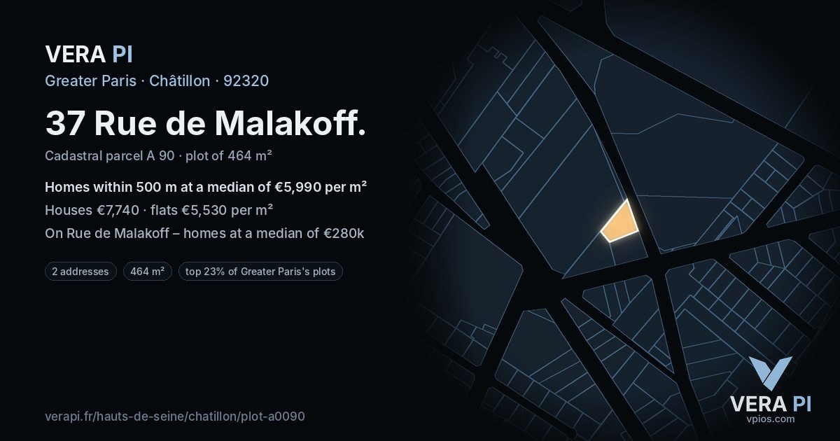 37 Rue de Malakoff, Châtillon at night – the plot lit, the parcels around coloured by the prices near them