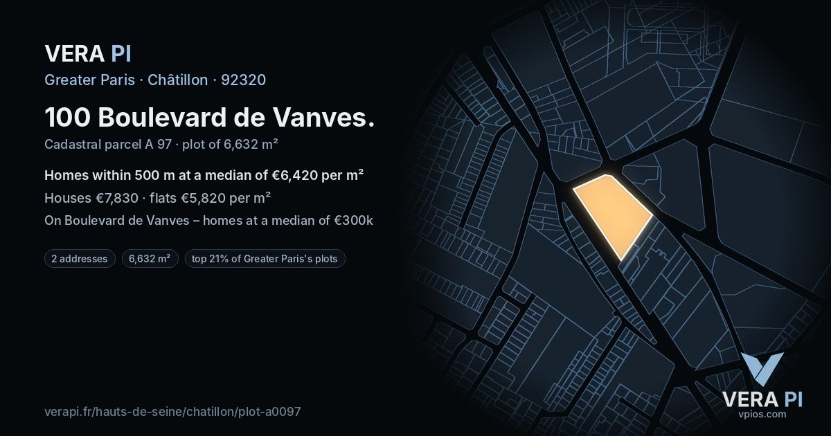 100 Boulevard de Vanves, Châtillon at night – the plot lit, the parcels around coloured by the prices near them