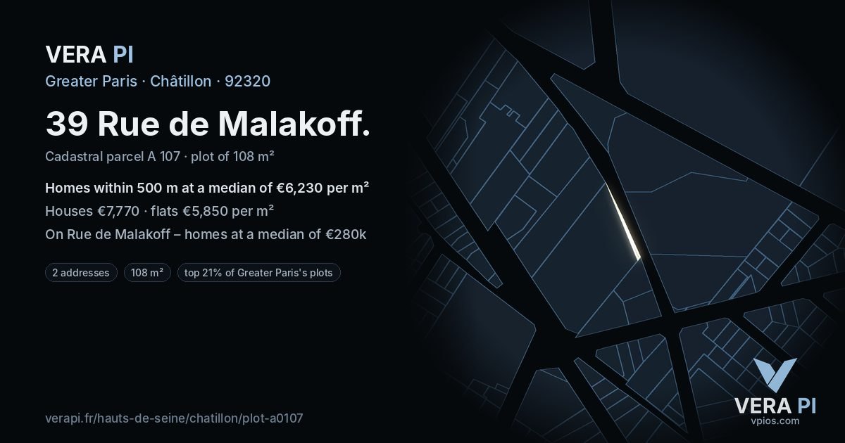 39 Rue de Malakoff, Châtillon at night – the plot lit, the parcels around coloured by the prices near them